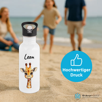 Trinkflasche mit Strohhalm in Weiß 600ml bedruckt mit niedlichen Tieren"Giraffe" personalisierbar für Kinder mit Wunschname aus Edelstahl