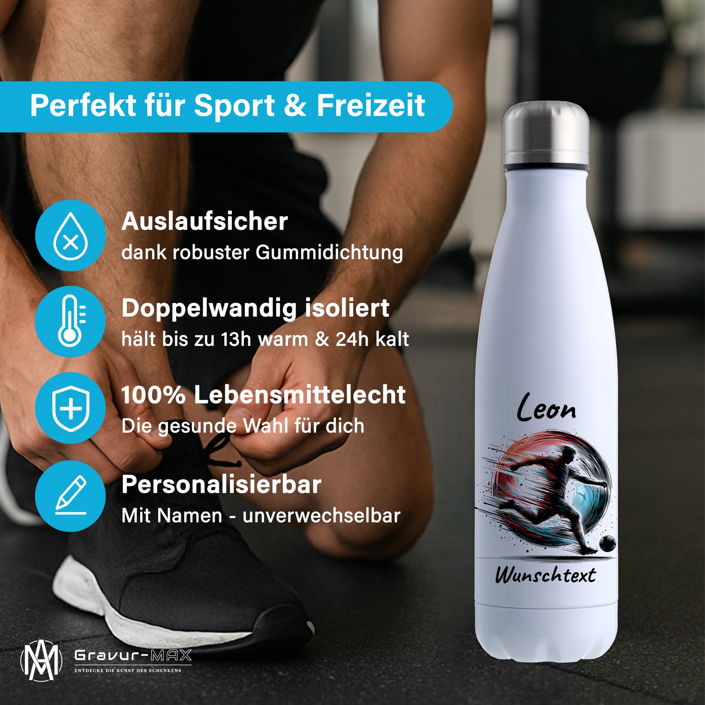 Thermoflasche 500ml in Weiß aus Edelstahl bedruckt "Fußball" Motiv3 personalisierbar mit Wunschname & Text