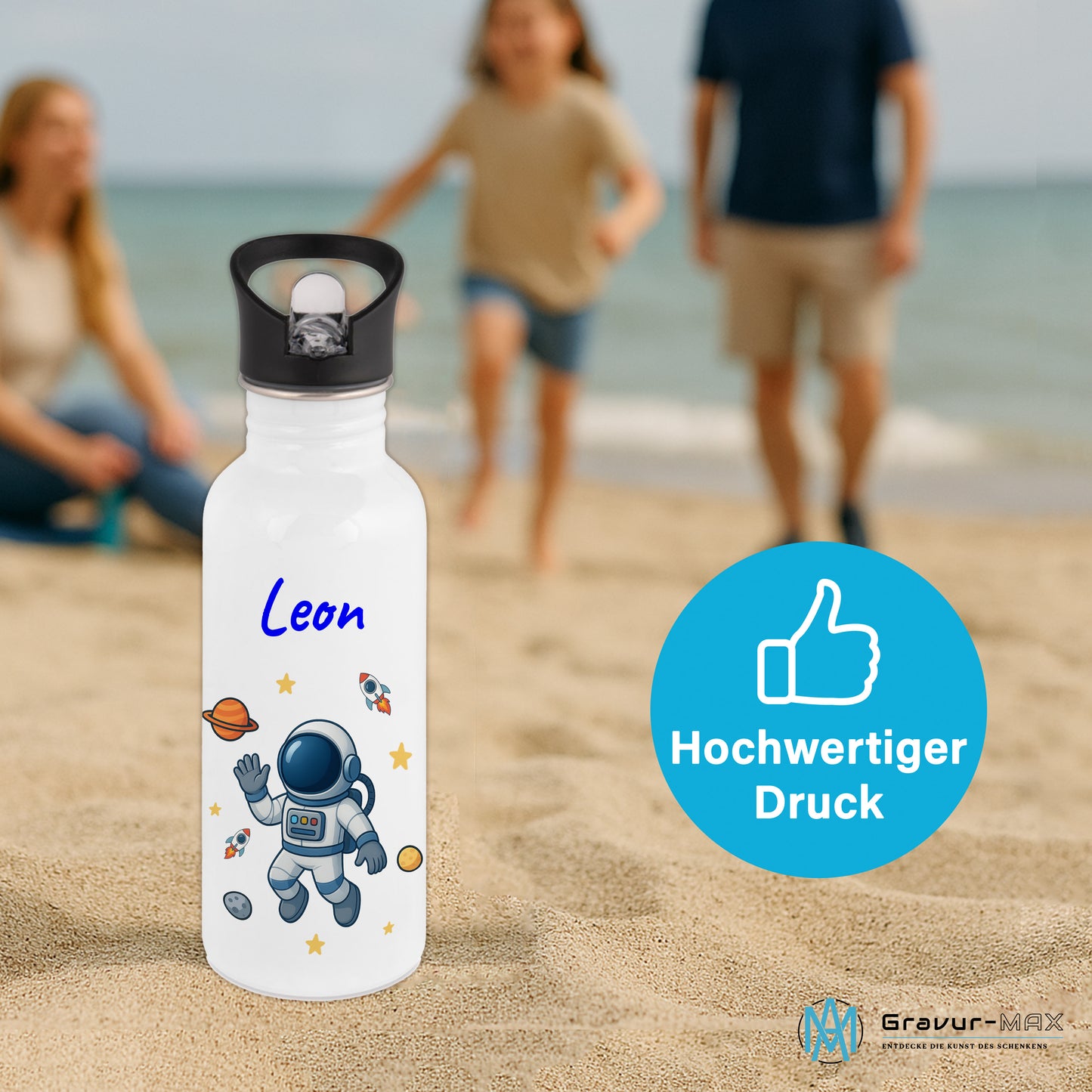 Trinkflasche mit Strohhalm in Weiß 600ml bedruckt mit tollen Motiven für Kinder "Astronaut" personalisierbar für Kinder mit Wunschname aus Edelstahl