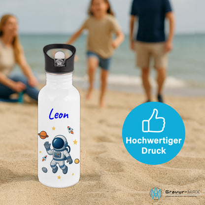 Trinkflasche mit Strohhalm in Weiß 600ml bedruckt mit tollen Motiven für Kinder "Astronaut" personalisierbar für Kinder mit Wunschname aus Edelstahl