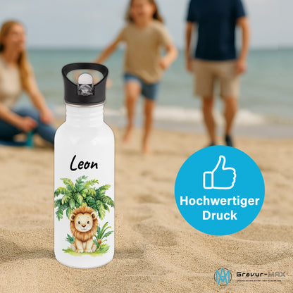 Trinkflasche mit Strohhalm in Weiß 600ml bedruckt mit Dschungel Tieren"Löwe" personalisierbar für Kinder mit Wunschname aus Edelstahl
