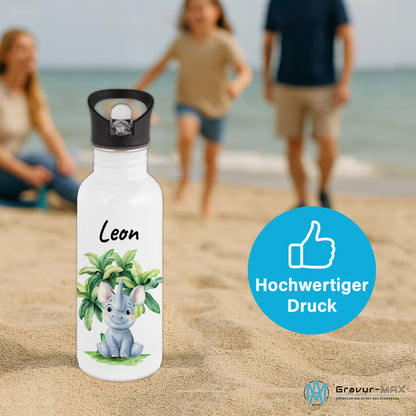 Trinkflasche mit Strohhalm in Weiß 600ml bedruckt mit Dschungel Tieren"Nashorn" personalisierbar für Kinder mit Wunschname aus Edelstahl