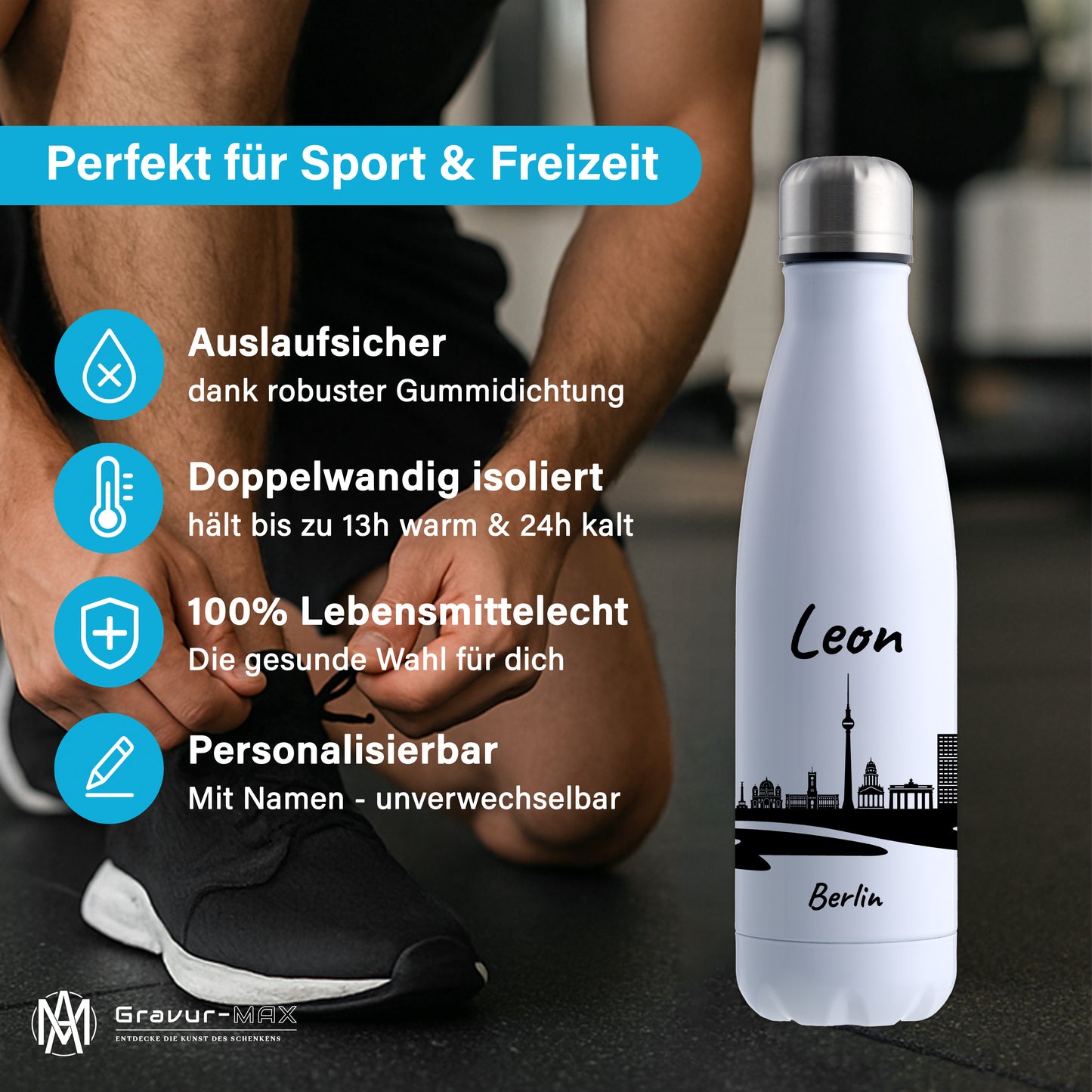 Trinkflasche in Weiß 500ml aus Edelstahl bedruckt mit der Skyline von Berlin personalisierbar mit Wunschname