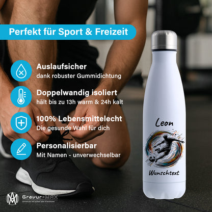 Thermoflasche 500ml in Weiß aus Edelstahl bedruckt "Fußball" Motiv1 personalisierbar mit Wunschname & Text