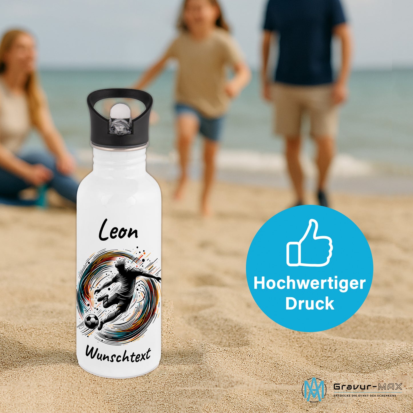 Trinkflasche mit Strohhalm in Weiß 600ml bedruckt mit Fußball Motiven"Motiv1" personalisierbar für Kinder mit Wunschname aus Edelstahl