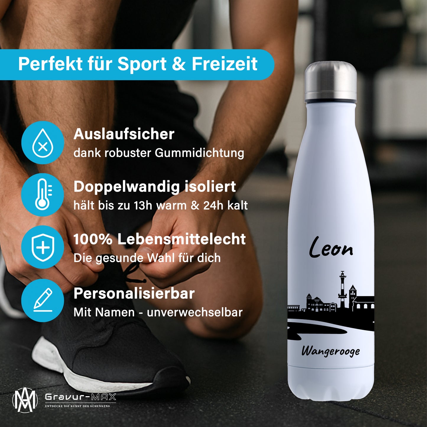 Trinkflasche in Weiß 500ml aus Edelstahl bedruckt mit der Skyline von Wangerooge personalisierbar mit Wunschname