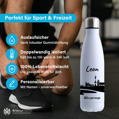 Trinkflasche in Weiß 500ml aus Edelstahl bedruckt mit der Skyline von Wangerooge personalisierbar mit Wunschname