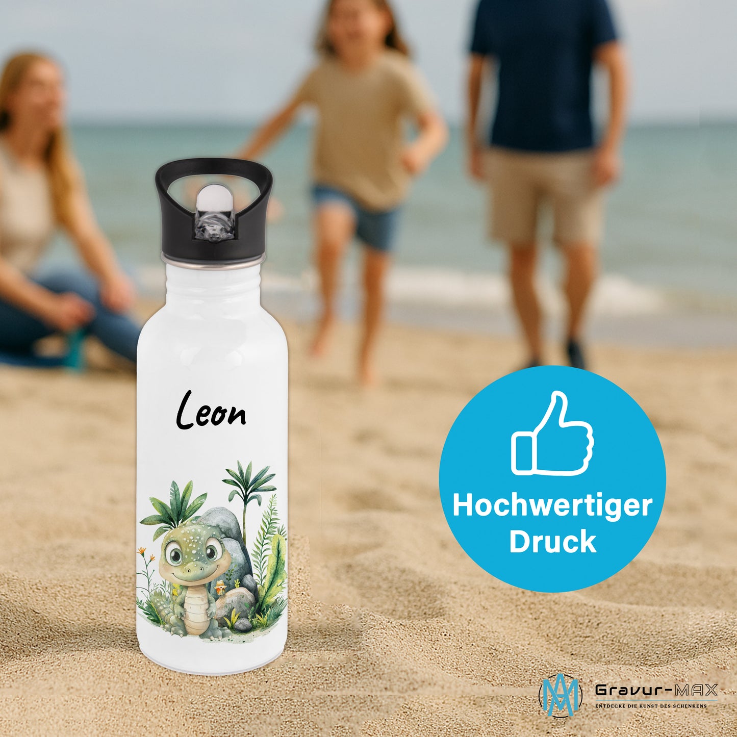 Trinkflasche mit Strohhalm in Weiß 600ml bedruckt mit Dschungel Tieren"Krokodil" personalisierbar für Kinder mit Wunschname aus Edelstahl