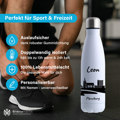Trinkflasche in Weiß 500ml aus Edelstahl bedruckt mit der Skyline von Flensburg personalisierbar mit Wunschname
