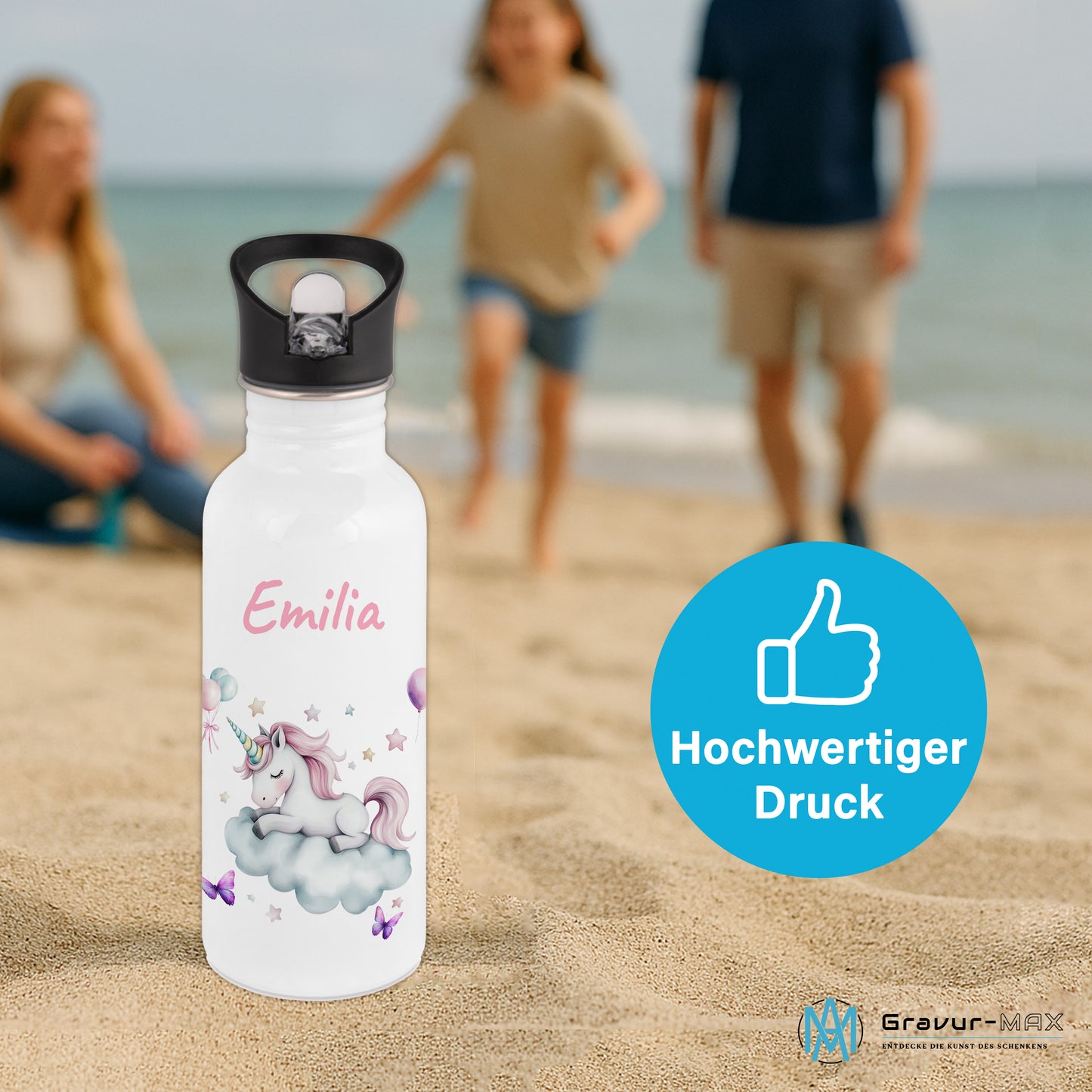Trinkflasche mit Strohhalm in Weiß 600ml bedruckt mit tollen Motiven für Kinder "Einhorn Wolke" personalisierbar für Kinder mit Wunschname aus Edelstahl