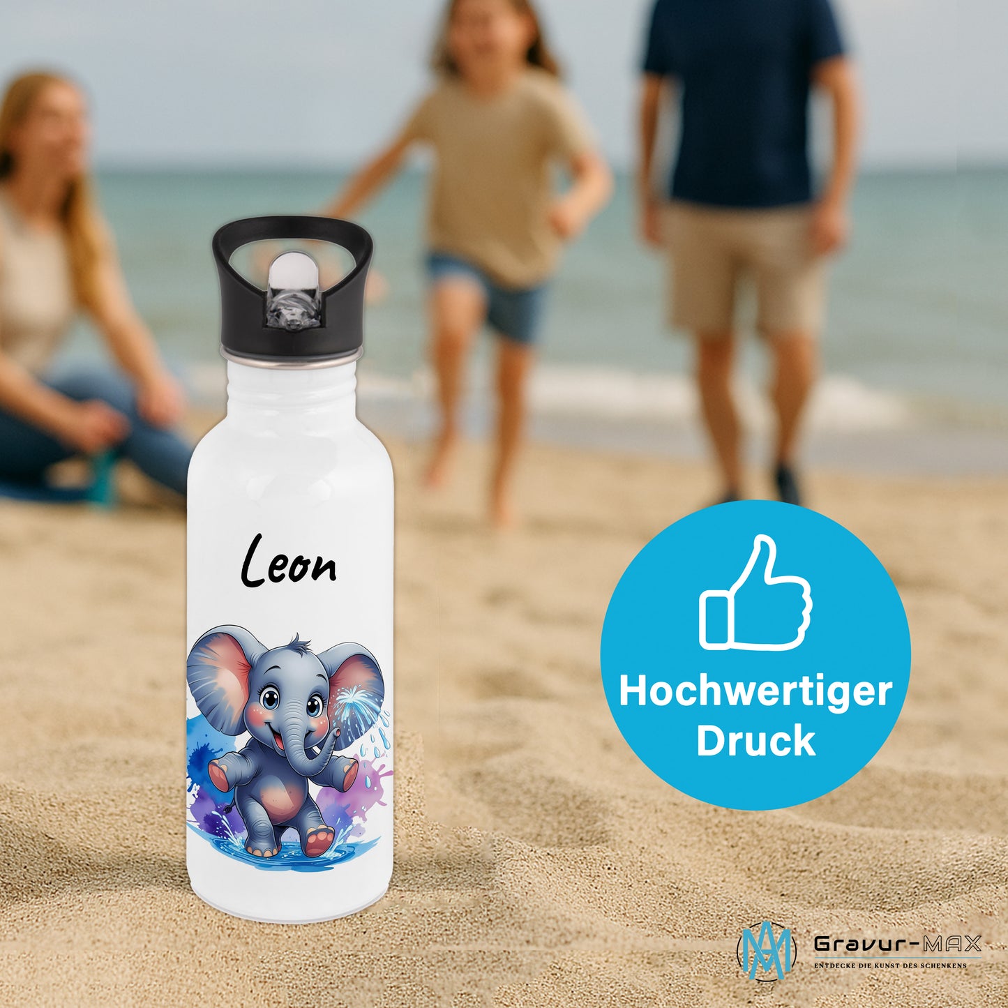 Trinkflasche mit Strohhalm in Weiß 600ml bedruckt mit niedlichen Tieren"Elefant" personalisierbar für Kinder mit Wunschname aus Edelstahl