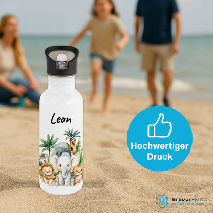 Trinkflasche mit Strohhalm in Weiß 600ml bedruckt mit Dschungel Tieren"Dschungel Tiere" personalisierbar für Kinder mit Wunschname aus Edelstahl