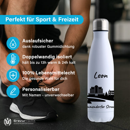Trinkflasche in Weiß 500ml aus Edelstahl bedruckt mit der Skyline von Timmendorfer Strand personalisierbar mit Wunschname