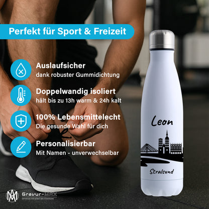 Trinkflasche in Weiß 500ml aus Edelstahl bedruckt mit der Skyline von Stralsund personalisierbar mit Wunschname