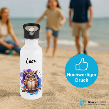 Trinkflasche mit Strohhalm in Weiß 600ml bedruckt mit niedlichen Tieren"Eule" personalisierbar für Kinder mit Wunschname aus Edelstahl