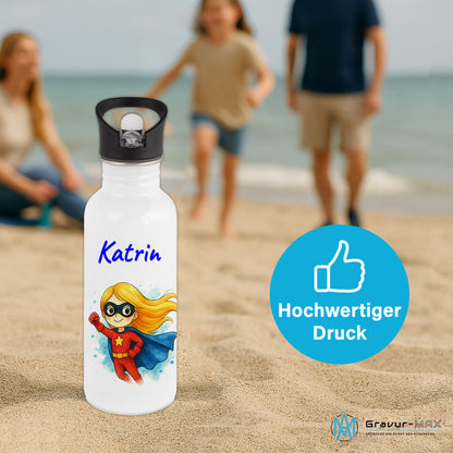 Trinkflasche mit Strohhalm in Weiß 600ml bedruckt mit tollen Motiven für Kinder "Superheldin" personalisierbar für Kinder mit Wunschname aus Edelstahl