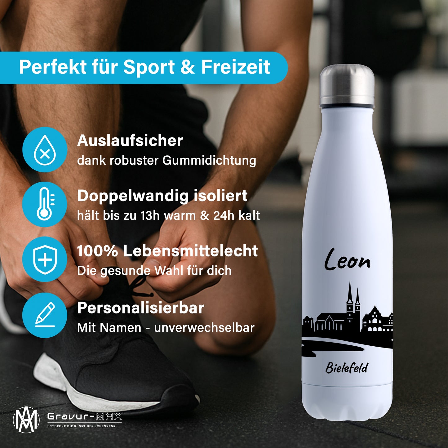 Trinkflasche in Weiß 500ml aus Edelstahl bedruckt mit der Skyline von Bielefeld personalisierbar mit Wunschname