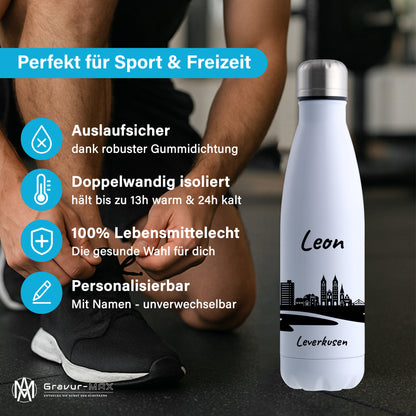 Trinkflasche in Weiß 500ml aus Edelstahl bedruckt mit der Skyline von Leverkusen personalisierbar mit Wunschname