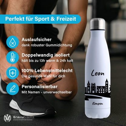 Trinkflasche in Weiß 500ml aus Edelstahl bedruckt mit der Skyline von Kempen personalisierbar mit Wunschname