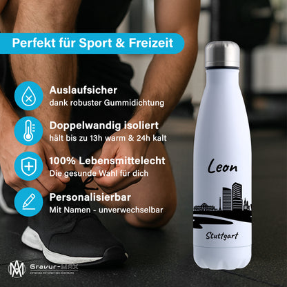 Trinkflasche in Weiß 500ml aus Edelstahl bedruckt mit der Skyline von Stuttgart personalisierbar mit Wunschname