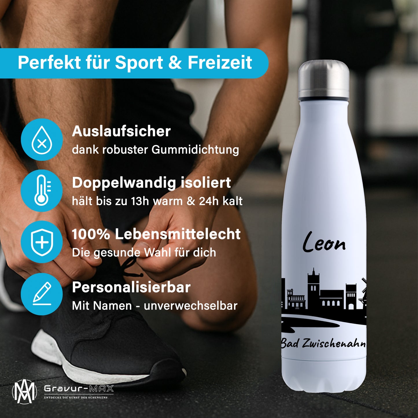 Trinkflasche in Weiß 500ml aus Edelstahl bedruckt mit der Skyline von Bad Zwischenahn personalisierbar mit Wunschname