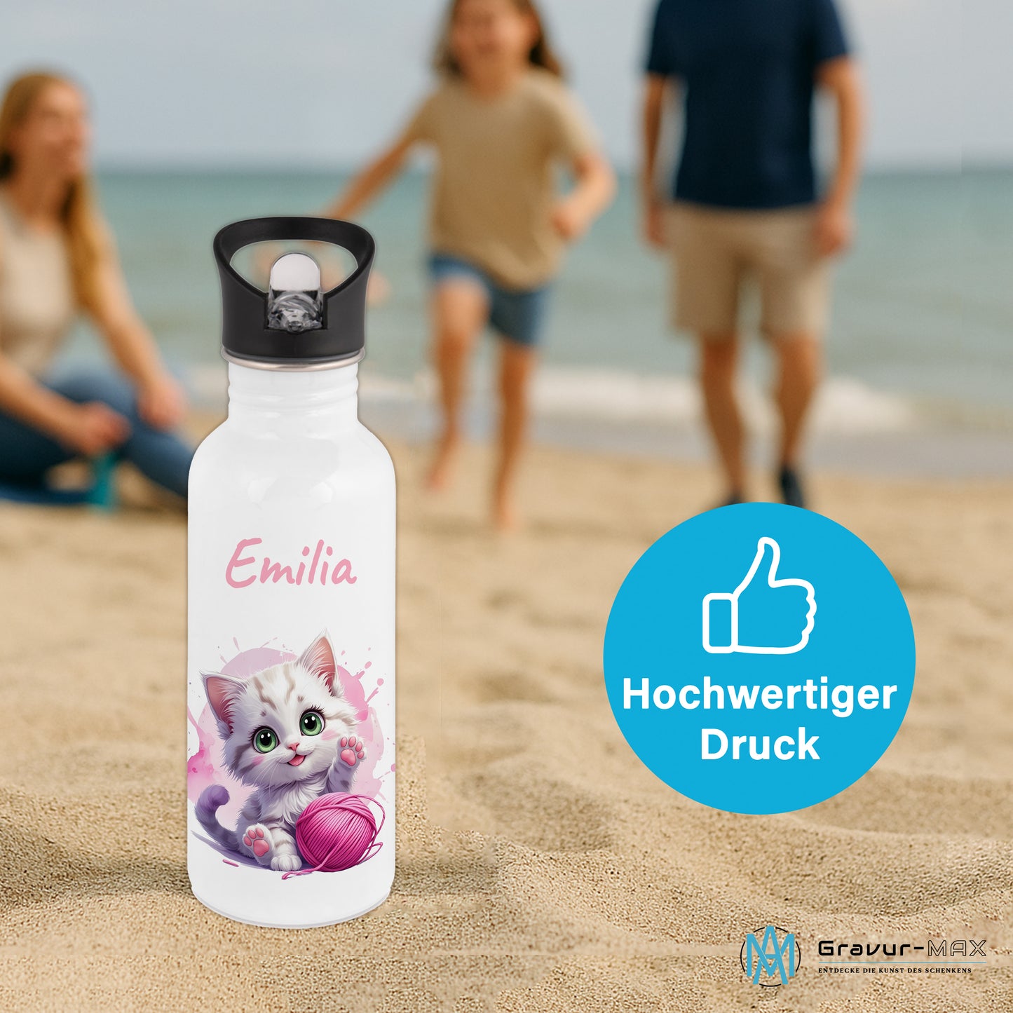 Trinkflasche mit Strohhalm in Weiß 600ml bedruckt mit niedlichen Tieren"Katze" personalisierbar für Kinder mit Wunschname aus Edelstahl