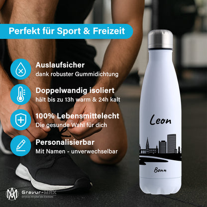 Trinkflasche in Weiß 500ml aus Edelstahl bedruckt mit der Skyline von Bonn personalisierbar mit Wunschname
