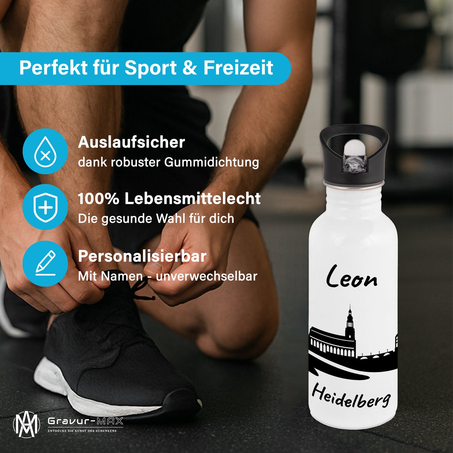 Trinkflasche in Weiß 600ml aus Edelstahl bedruckt mit der Skyline von Heidelberg personalisierbar mit Wunschname