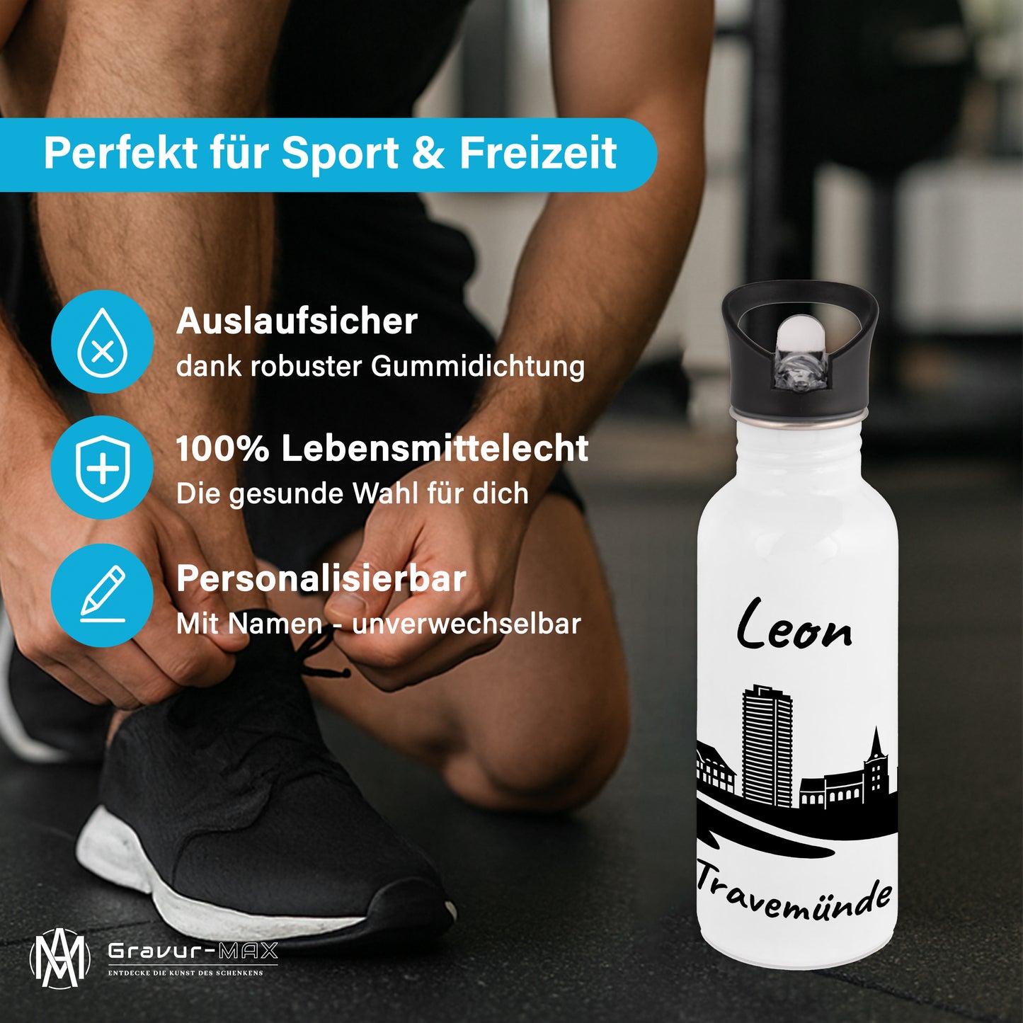 Trinkflasche in Weiß 600ml aus Edelstahl bedruckt mit der Skyline von Travemünde personalisierbar mit Wunschname