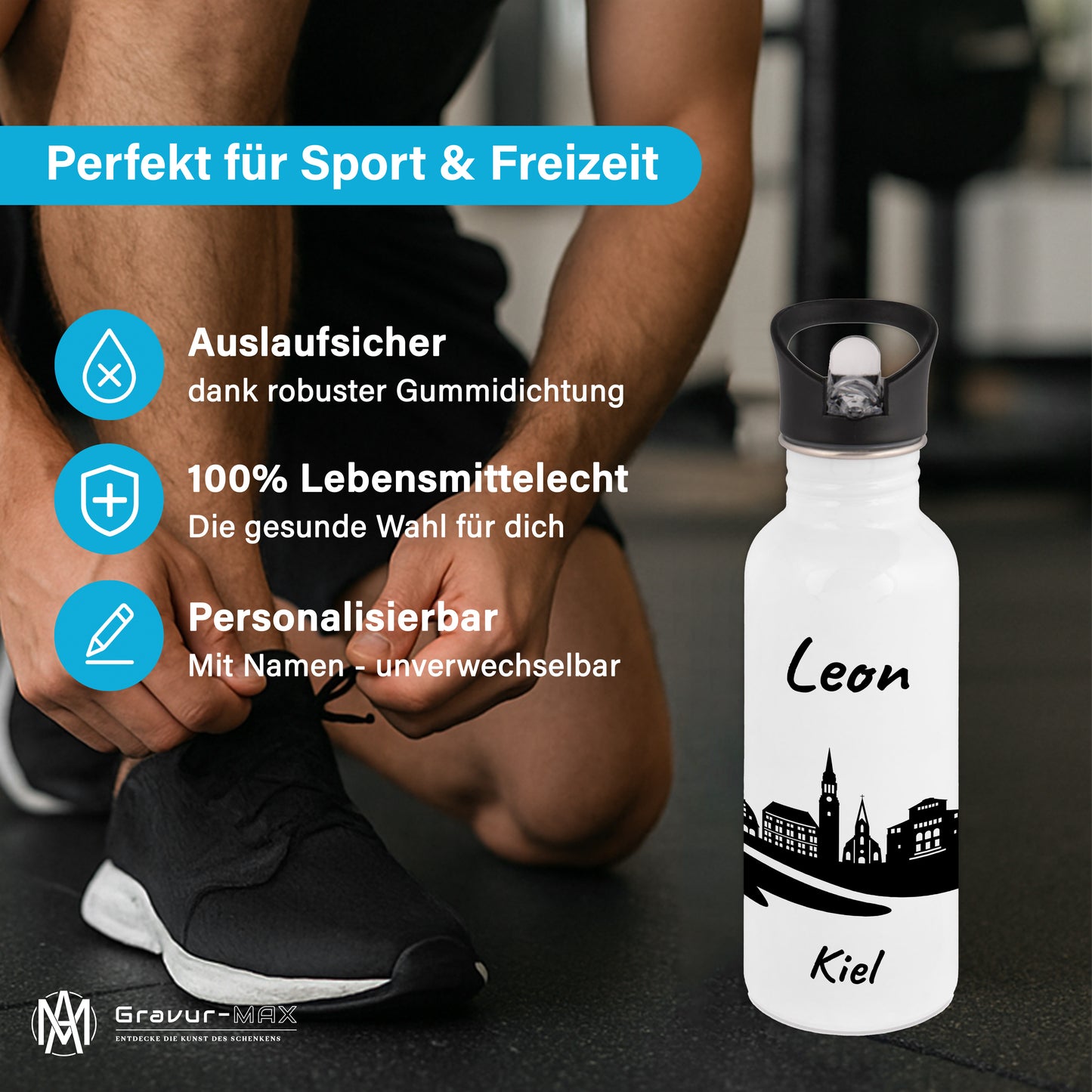 Trinkflasche in Weiß 600ml aus Edelstahl bedruckt mit der Skyline von Kiel personalisierbar mit Wunschname