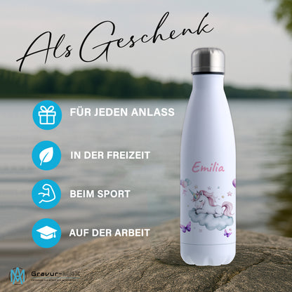 Thermoflasche 500ml in Weiß bedruckt mit tollen Motiven für Kinder "Einhorn Wolke" personalisierbar mit Wunschname