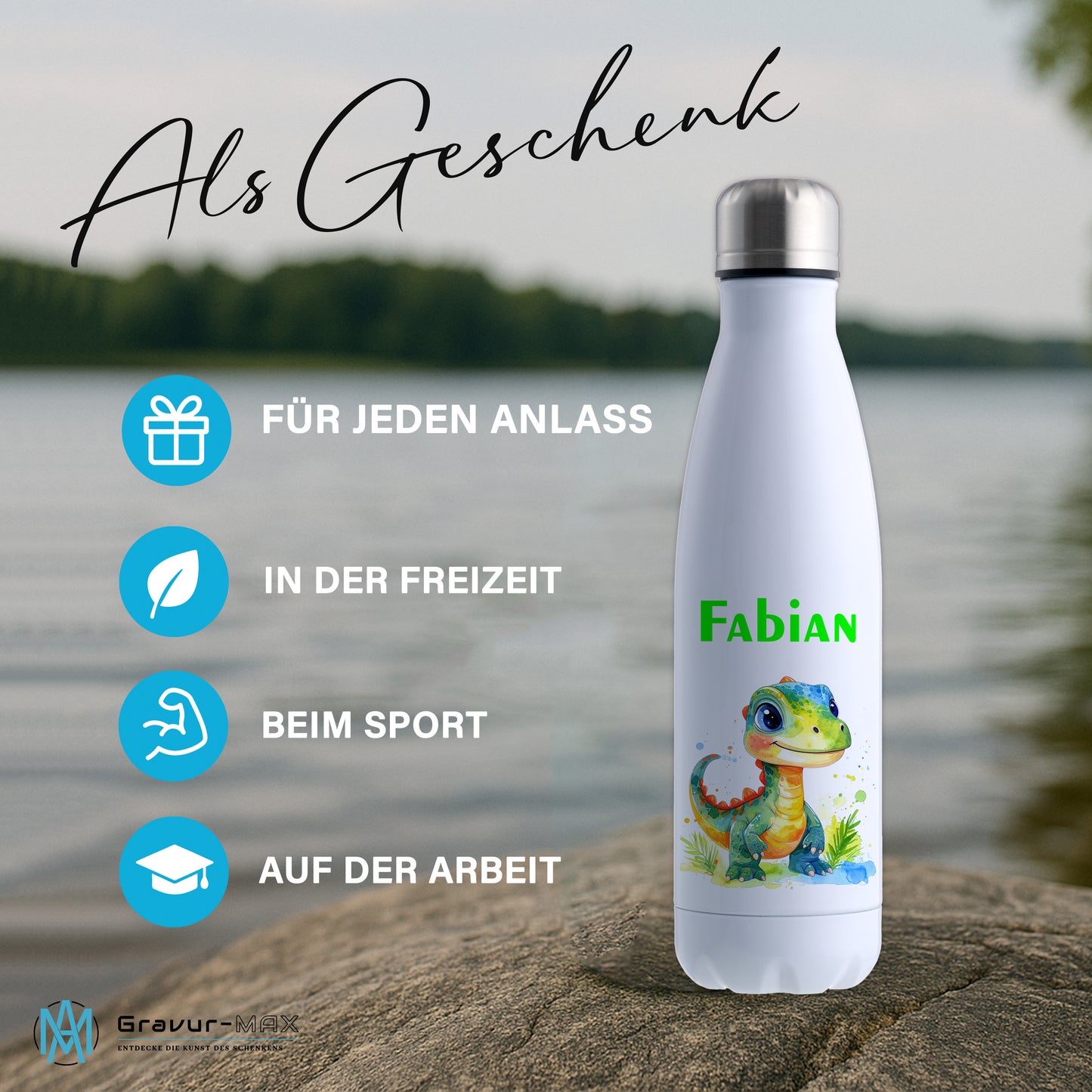 Thermoflasche 500ml in Weiß bedruckt mit tollen Motiven für Kinder "Dino Kinder" personalisierbar mit Wunschname