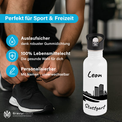 Trinkflasche in Weiß 600ml aus Edelstahl bedruckt mit der Skyline von Stuttgart personalisierbar mit Wunschname