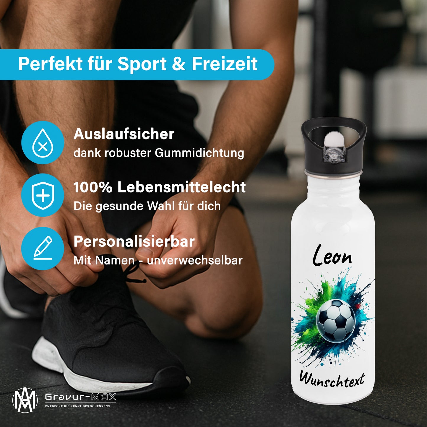 Trinkflasche mit Strohhalm in Weiß 600ml bedruckt mit Fußball Motiven"Motiv8" personalisierbar für Kinder mit Wunschname aus Edelstahl