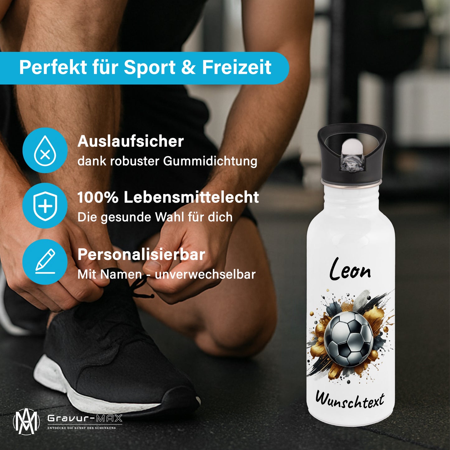 Trinkflasche mit Strohhalm in Weiß 600ml bedruckt mit Fußball Motiven"Motiv13" personalisierbar für Kinder mit Wunschname aus Edelstahl