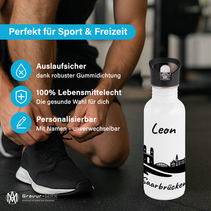 Trinkflasche in Weiß 600ml aus Edelstahl bedruckt mit der Skyline von Saarbrücken personalisierbar mit Wunschname