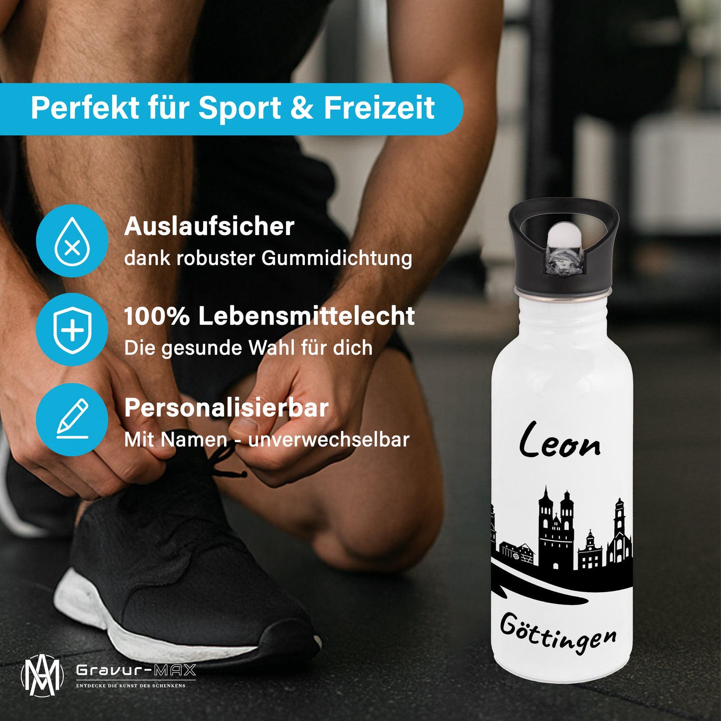 Trinkflasche in Weiß 600ml aus Edelstahl bedruckt mit der Skyline von Göttingen personalisierbar mit Wunschname