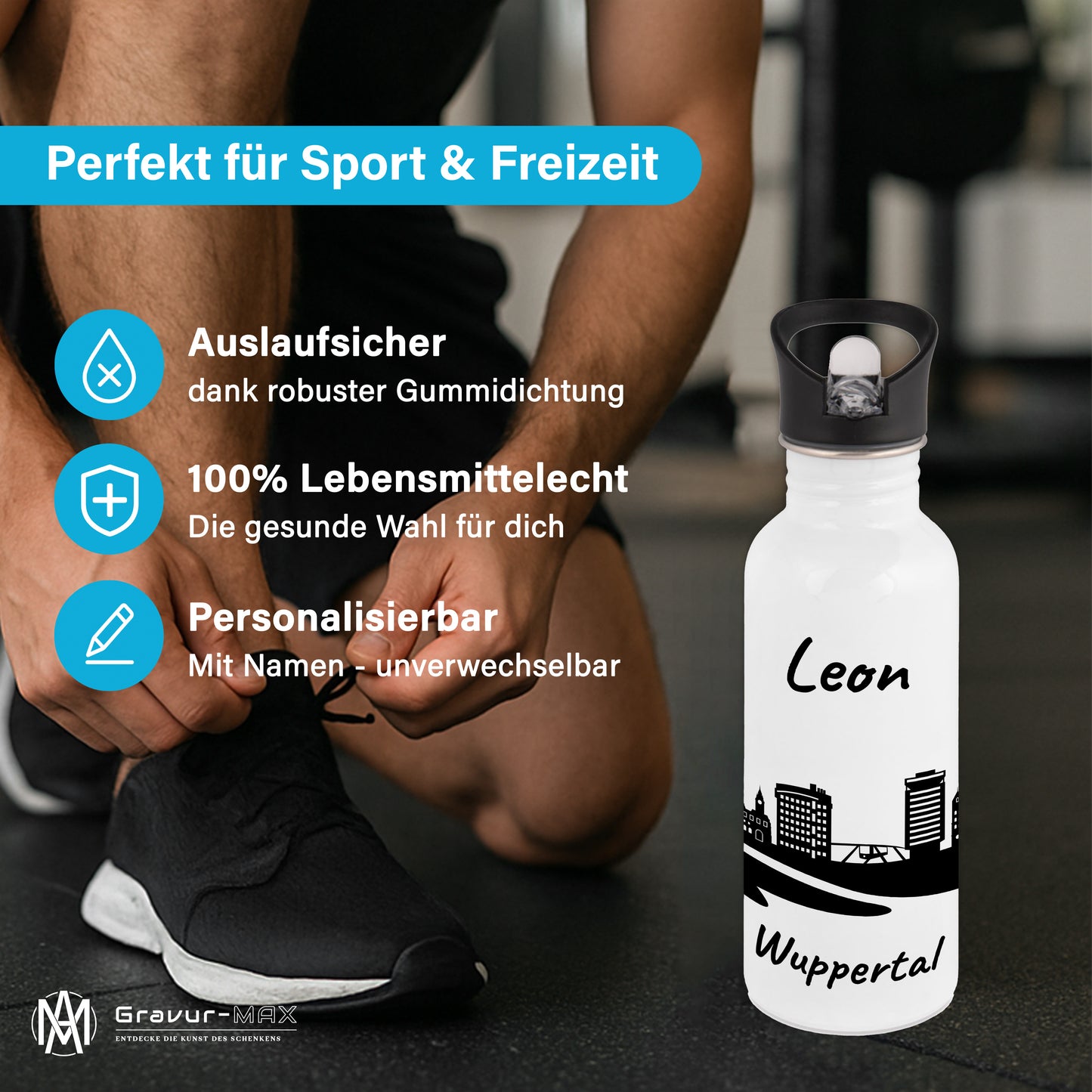 Trinkflasche in Weiß 600ml aus Edelstahl bedruckt mit der Skyline von Wuppertal personalisierbar mit Wunschname