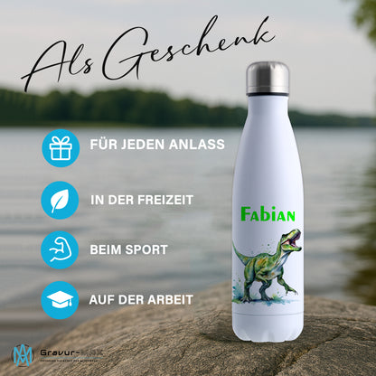 Thermoflasche 500ml in Weiß bedruckt mit tollen Motiven für Kinder "Dino T-Rex" personalisierbar mit Wunschname