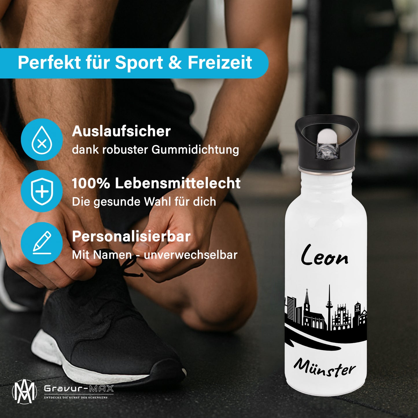 Trinkflasche in Weiß 600ml aus Edelstahl bedruckt mit der Skyline von München personalisierbar mit Wunschname