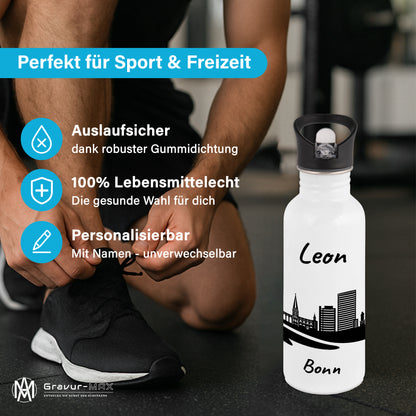 Trinkflasche in Weiß 600ml aus Edelstahl bedruckt mit der Skyline von Bonn personalisierbar mit Wunschname