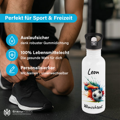 Trinkflasche mit Strohhalm in Weiß 600ml bedruckt mit Fußball Motiven"Motiv6" personalisierbar für Kinder mit Wunschname aus Edelstahl