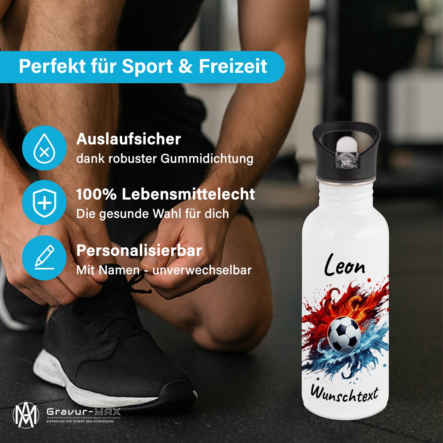 Trinkflasche mit Strohhalm in Weiß 600ml bedruckt mit Fußball Motiven"Motiv12" personalisierbar für Kinder mit Wunschname aus Edelstahl