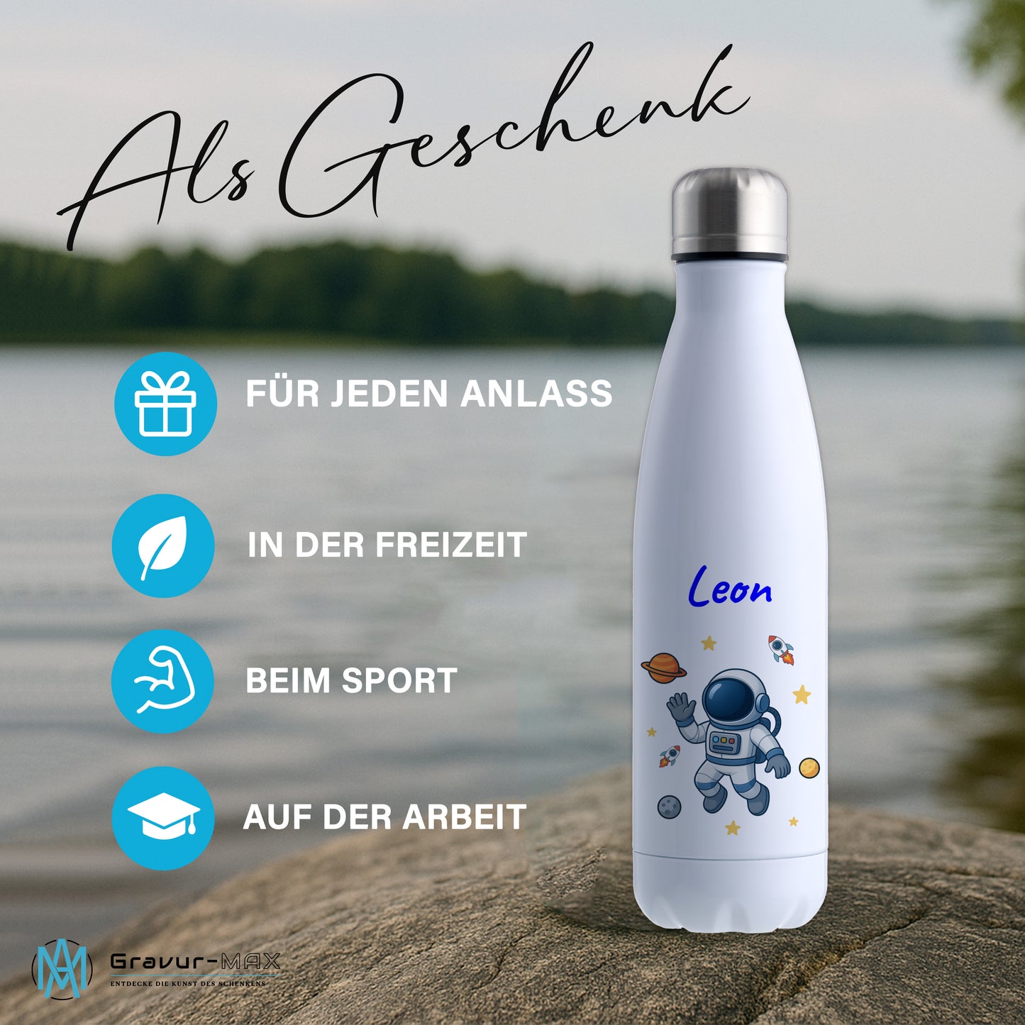 Thermoflasche 500ml in Weiß bedruckt mit tollen Motiven für Kinder "Astronaut" personalisierbar mit Wunschname