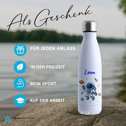 Thermoflasche 500ml in Weiß bedruckt mit tollen Motiven für Kinder "Astronaut" personalisierbar mit Wunschname