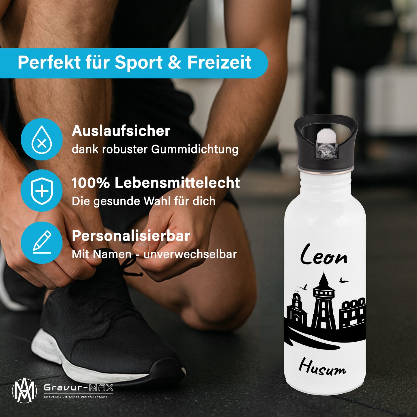 Trinkflasche in Weiß 600ml aus Edelstahl bedruckt mit der Skyline von Husum personalisierbar mit Wunschname
