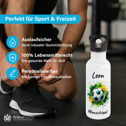 Trinkflasche mit Strohhalm in Weiß 600ml bedruckt mit Fußball Motiven"Motiv11" personalisierbar für Kinder mit Wunschname aus Edelstahl