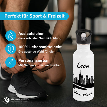 Trinkflasche in Weiß 600ml aus Edelstahl bedruckt mit der Skyline von Frankfurt personalisierbar mit Wunschname