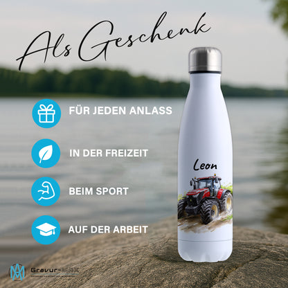 Thermoflasche 500ml in Weiß bedruckt mit tollen Motiven für Kinder "Traktor" personalisierbar mit Wunschname