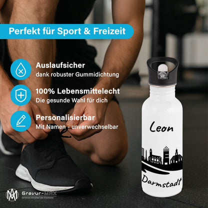 Trinkflasche in Weiß 600ml aus Edelstahl bedruckt mit der Skyline von Darmstadt personalisierbar mit Wunschname